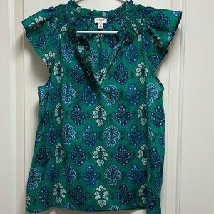 J. Crew Sz Small Green & Blue Floral Ruffle Sleeve V Neck Bohemian Blouse Preppy